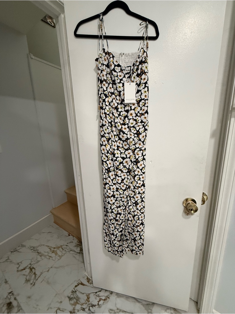 Hale Bob Black Maxi Dress with White and Yellow Daisy Print
